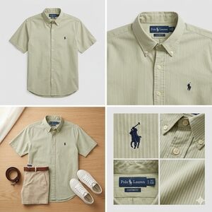 Polo Ralph Lauren Short Sleeve Shirt Mens 17 Custom Fit Light Green Seersucker